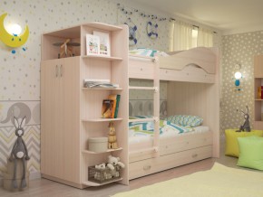 Кровать 2-х ярусная Мая с ящиками и шкафом на латофлексах млечный дуб в Арамиле - aramil.magazinmebel.ru | фото