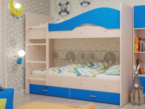 Кровать 2-х ярусная Мая с ящиками на латофлексах млечный дуб/синий в Арамиле - aramil.magazinmebel.ru | фото