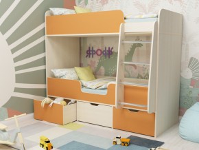 Кровать двухъярусная Малыш двойняшка дуб молочный-оранжевый в Арамиле - aramil.magazinmebel.ru | фото - изображение 1